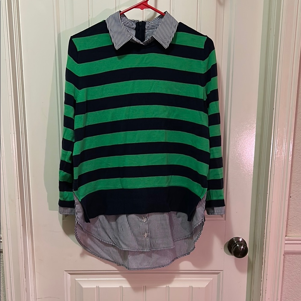 Green and Black Striped Sweater with Striped Collar